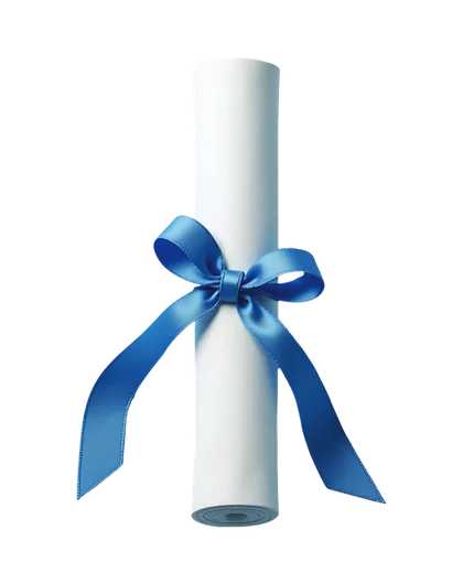 A rolled certificate tied with a blue ribbon