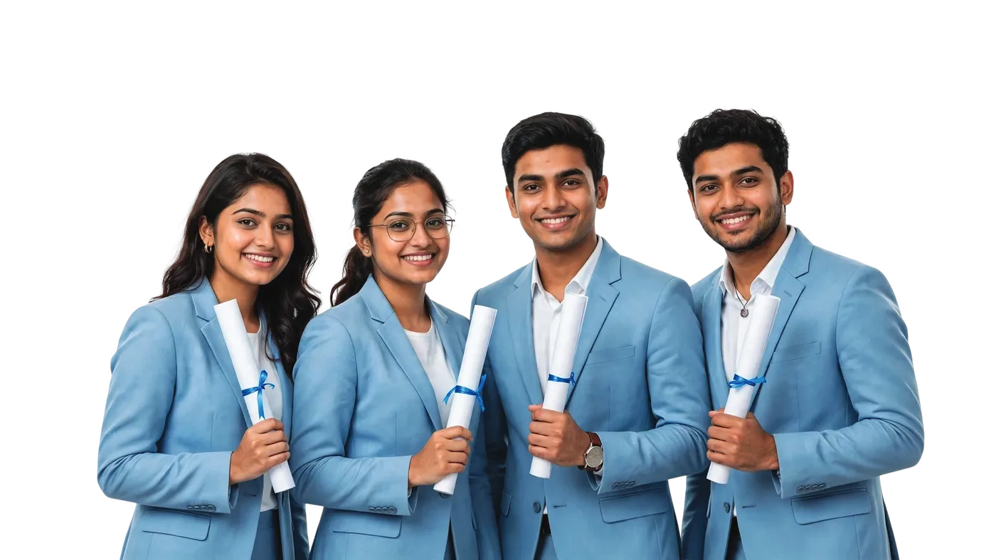 Four graduates in light blue blazers holding scrolls