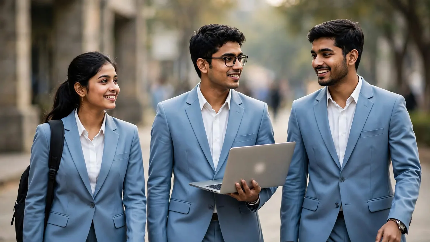 Three young professionals walking outdoors, one carrying a laptop